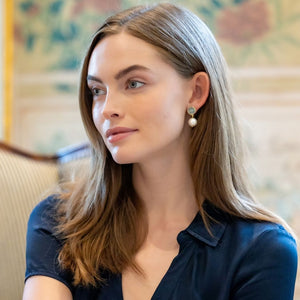 Model is wearing Triomphe Aquamarine and Single Cotton Pearl Earrings_m donohue collection