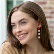 Load image into Gallery viewer, Model wears Triomphe Carnelian &amp; Triple Cotton Pearl Earrings_m donohue collection
