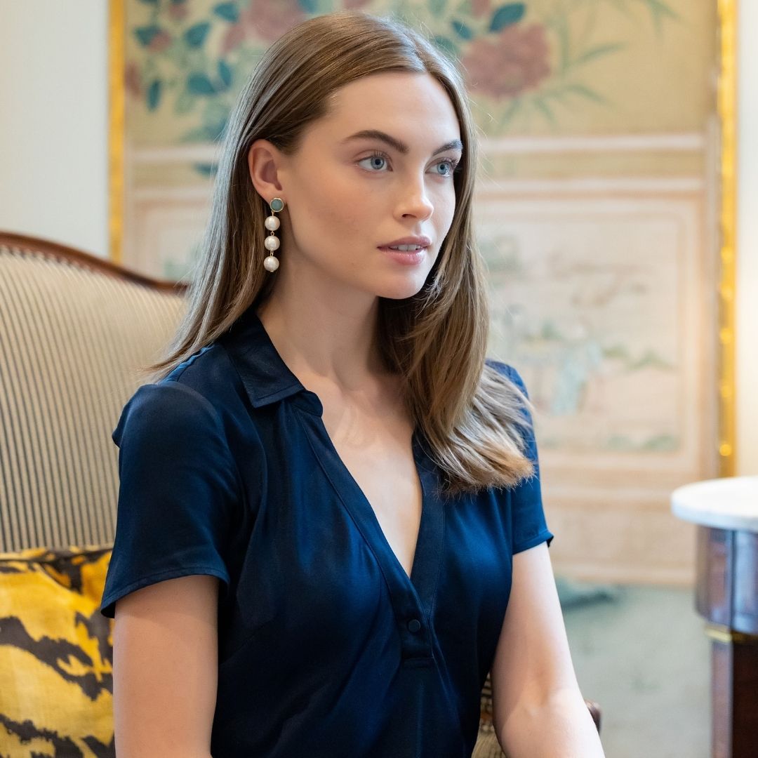 Model is wearing Triomphe Aquamarine and Triple Cotton Pearl Earrings_m donohue collection