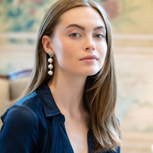 Model is wearing Triomphe Aquamarine and Triple Cotton Pearl Earrings_m donohue collection