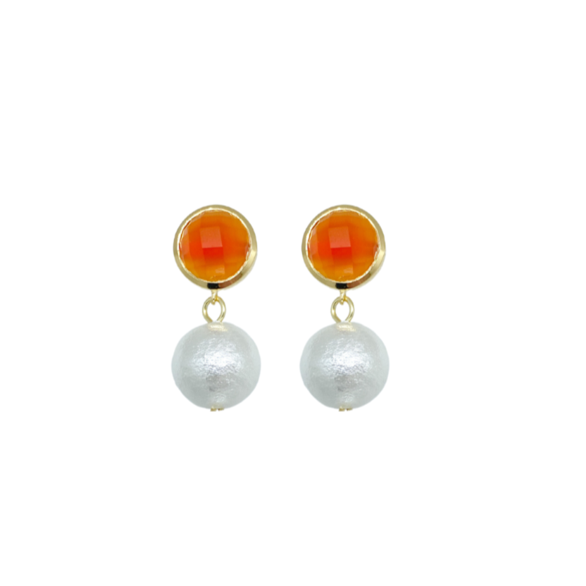 Exquisite orange carnelian gemstone posts with lightweight cotton pearl drop_m donohue collection