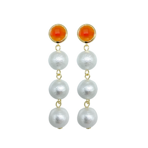 Exquisite orange carnelian gemstone posts with three lightweight cotton pearl drops_m donohue collection