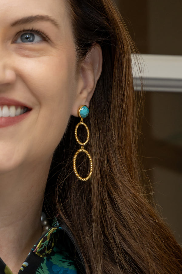 Model wearing Turquoise Double French Twist Earrings_M Donohue Collection