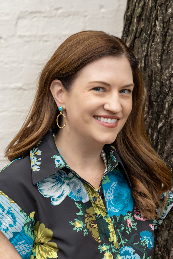 Model wearing Turquoise French Twist Earrings_M Donohue Collection