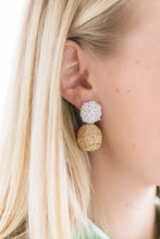 Load image into Gallery viewer, Model is wearing Liz White Rattan Ball Earrings_m donohue collection
