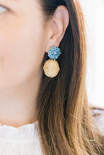 Load image into Gallery viewer, Model is wearing Liz Blue Rattan Ball Earrings_m donohue collection