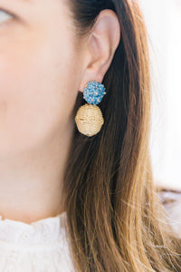 Model is wearing Liz Blue Rattan Ball Earrings_m donohue collection