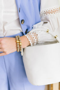 Model is wearing Lauren Linen Bracelets_m donohue collection