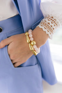 Model is wearing Lauren Rose Bracelet with Caroline Gold Bracelet_m donohue collection