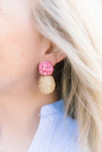 Load image into Gallery viewer, Model is wearing Liz Pink Rattan Ball Earrings_m donohue collection