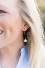 Load image into Gallery viewer, Model is wearing Holly Gold Pearl earrings_m donohue collection