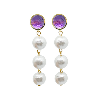 Exquisite purple amethyst gemstone posts with three lightweight cotton pearl drops_m donohue collection