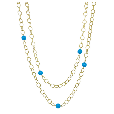 Gold plated chain with aqua gemstones and gold carabiner clasp_m donohue collection