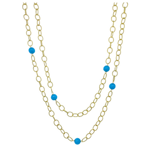 Gold plated chain with aqua gemstones and gold carabiner clasp_m donohue collection