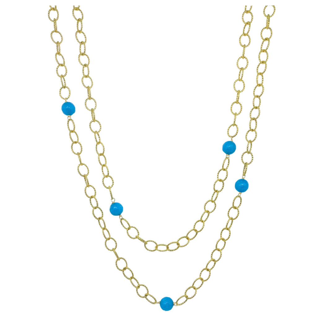 Gold plated chain with aqua gemstones and gold carabiner clasp_m donohue collection