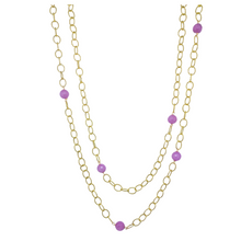 Load image into Gallery viewer,  Gold plated chain with lilac gemstones and gold carabiner clasp.  Can be worn long, doubled, or wrapped around your wrist as a bracelet.  43&quot; long_m donohue collection