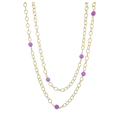  Gold plated chain with lilac gemstones and gold carabiner clasp.  Can be worn long, doubled, or wrapped around your wrist as a bracelet.  43