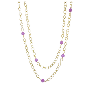 Gold plated chain with lilac gemstones and gold carabiner clasp.  Can be worn long, doubled, or wrapped around your wrist as a bracelet.  43" long_m donohue collection