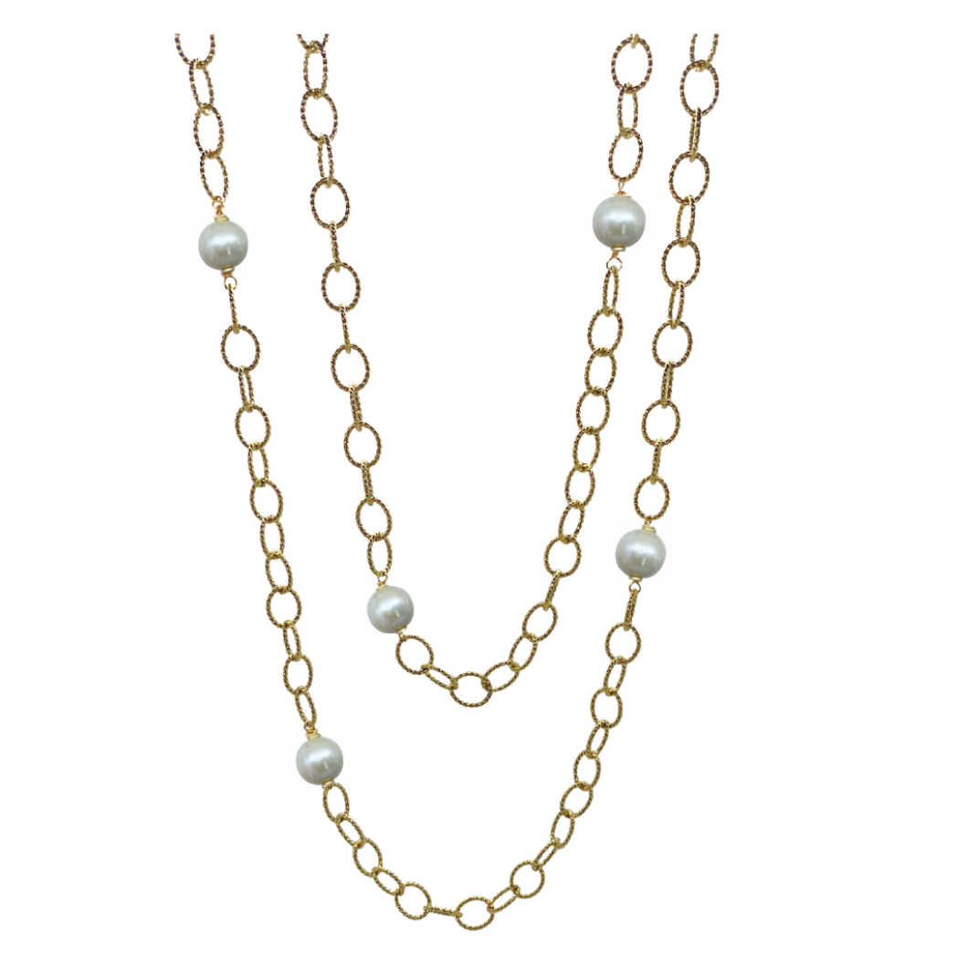 Elegant gold plated chain with freshwater pearls and gold carabiner clasp_m donohue collection