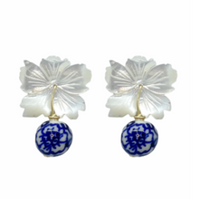 Load image into Gallery viewer, Carved Mother of Pearl flower earrings with blue and white porcelian chinoiserie bead_m donohue collection