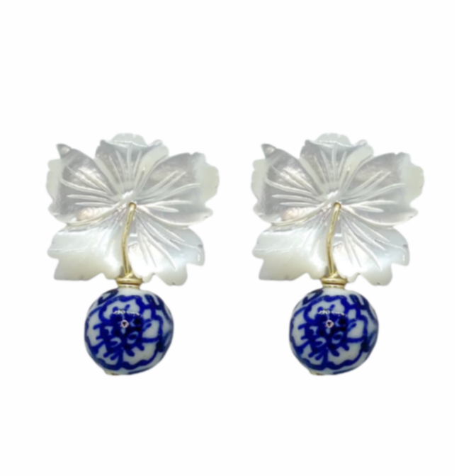 Carved Mother of Pearl flower earrings with blue and white porcelian chinoiserie bead_m donohue collection