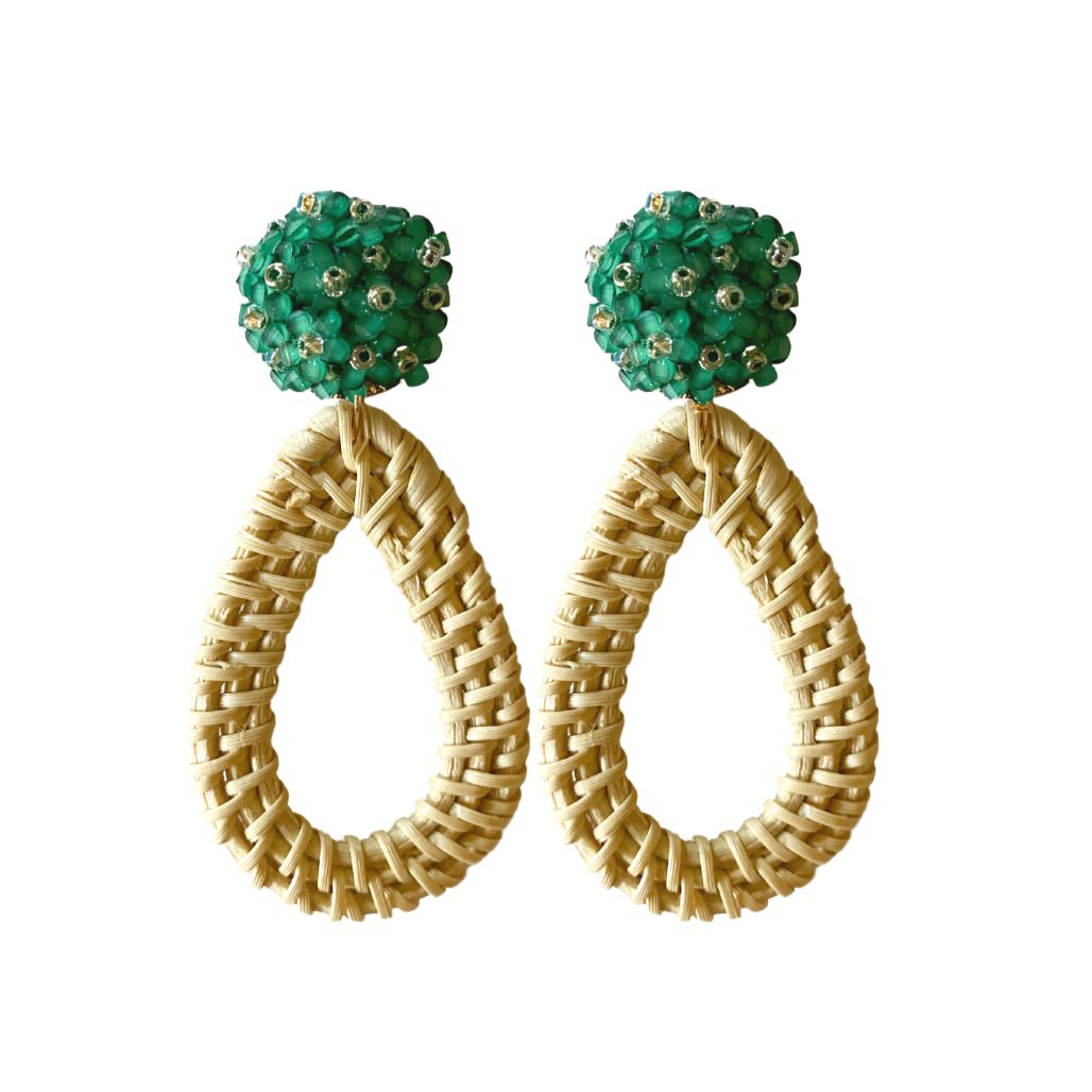 Green floral cluster post with rattan teardrop_m donohue collection