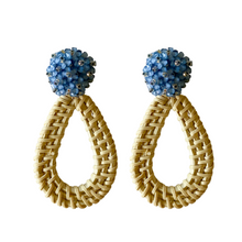 Load image into Gallery viewer, Blue floral cluster post with rattan teardrop_m donohue collection