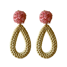 Load image into Gallery viewer, Pink floral cluster post with rattan teardrop_m donohue collection