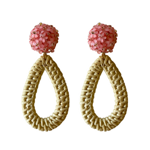 Pink floral cluster post with rattan teardrop_m donohue collection