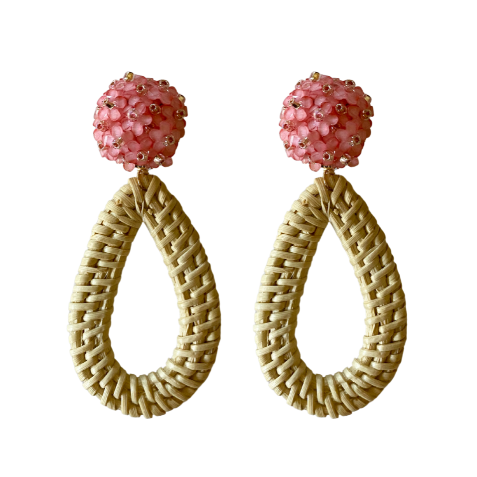 Pink floral cluster post with rattan teardrop_m donohue collection