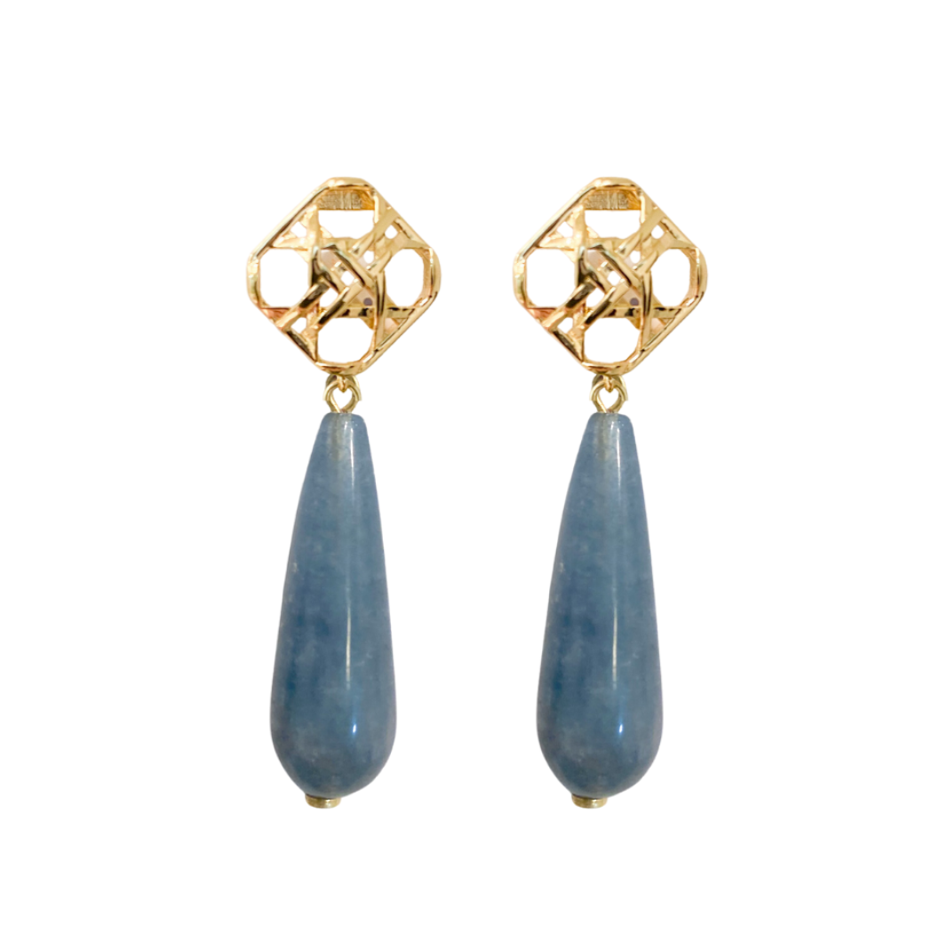 Gold woven post with blue gemstone drop_m donohue collection