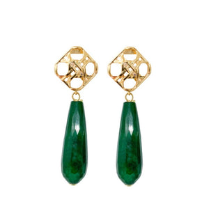 Woven gold post with emerald gemstone drop_m donohue collection