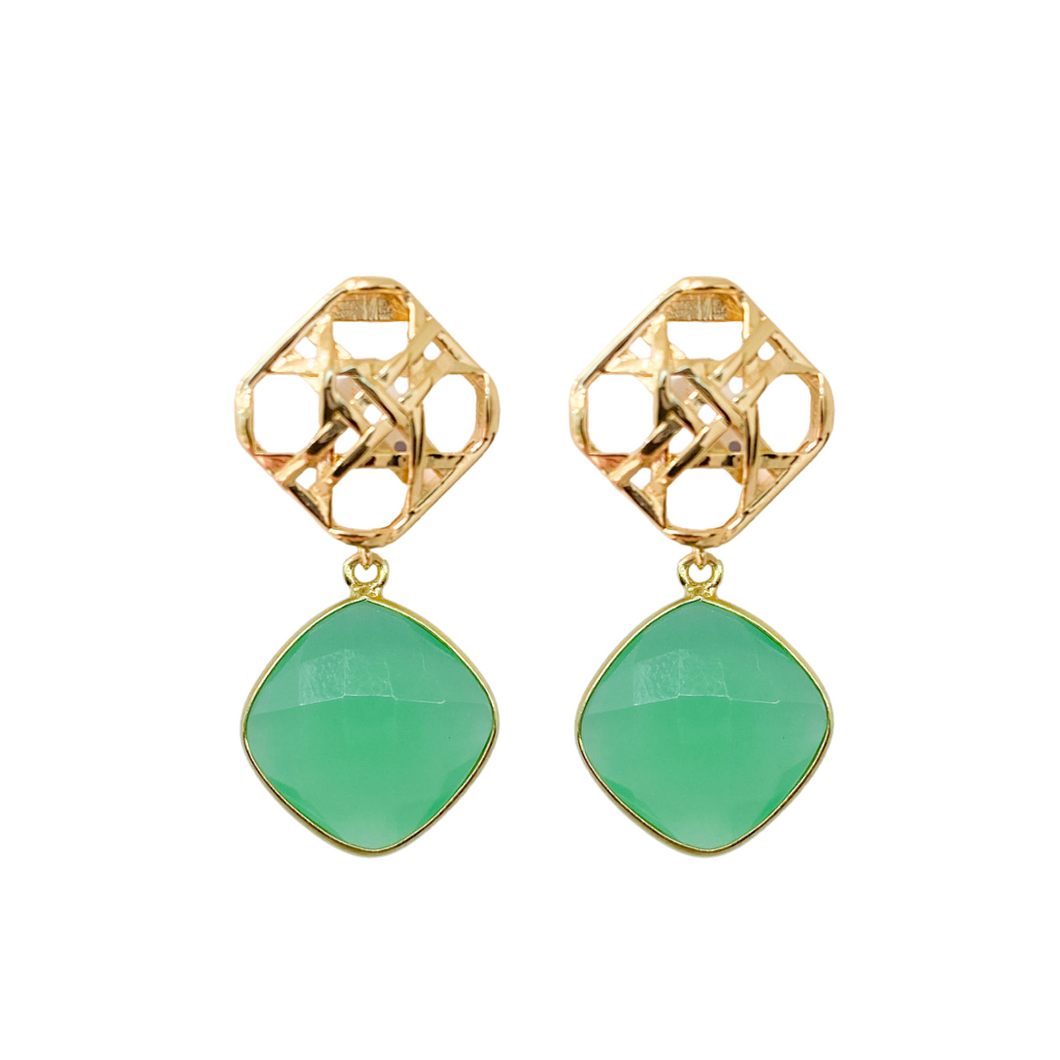 Gold wicker posts paired perfectly with a vibrant green chalcedony drop_m donohue collection