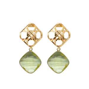 Gold wicker posts paired perfectly with a vibrant Lemon Quartz drop_m donohue collection