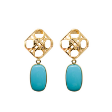 Load image into Gallery viewer, Gold wicker posts paired perfectly with a vibrant Turquoise drop_m donohue collection