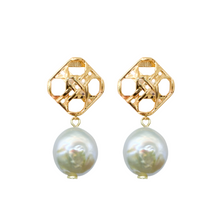 Load image into Gallery viewer, Gold wicker posts paired perfectly with a White Coin Pearl drop_m donohue collection