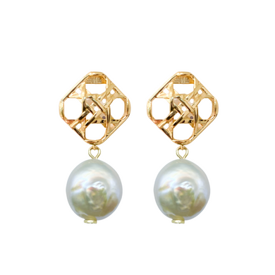 Gold wicker posts paired perfectly with a White Coin Pearl drop_m donohue collection