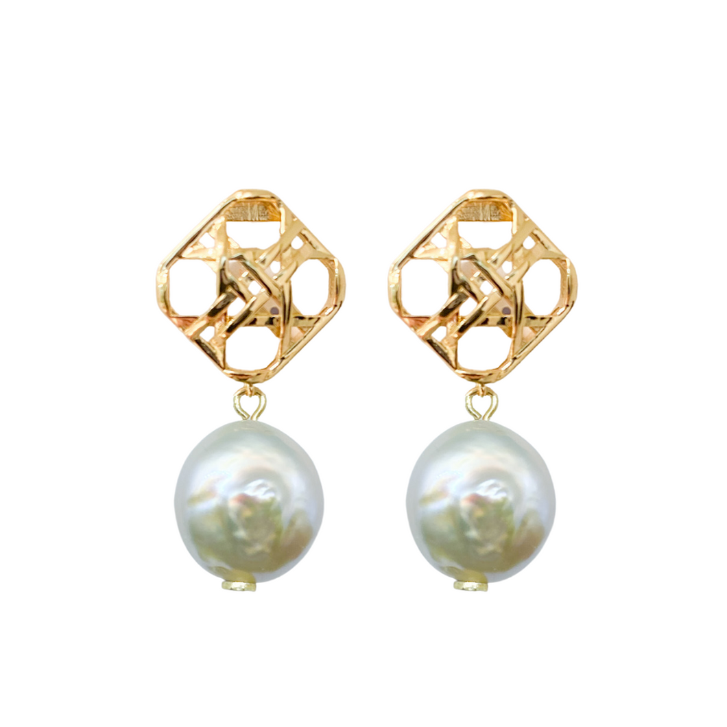 Gold wicker posts paired perfectly with a White Coin Pearl drop_m donohue collection