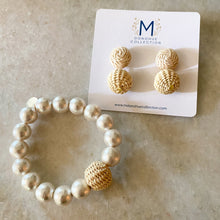 Load image into Gallery viewer, Olivia Cotton Pearl &amp; Rattan Bracelet displayed with Grace Mini Rattan Ball Earrings_m donohue collection