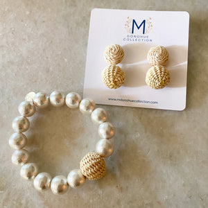 Olivia Cotton Pearl & Rattan Bracelet displayed with Grace Mini Rattan Ball Earrings_m donohue collection