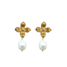 Classically feminine gold floral posts with a white pearl drop_m donohue collection