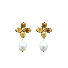 Load image into Gallery viewer, Classically feminine gold floral posts with a white pearl drop_m donohue collection