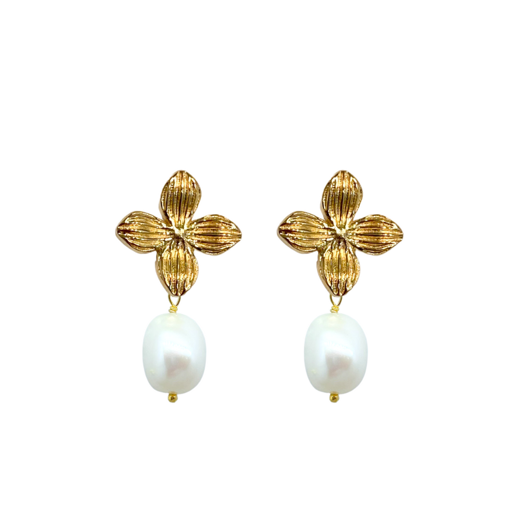 Classically feminine gold floral posts with a white pearl drop_m donohue collection