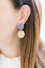 Load image into Gallery viewer, Model is wearing Liz Lavender Rattan Ball Earrings_m donohue collection