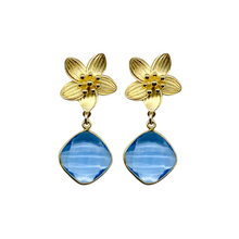Load image into Gallery viewer, Intricate floral posts with a rich blue quartz drop_m donohue collection