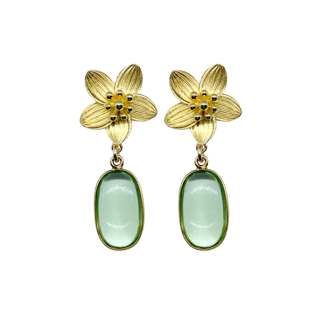 Intricate floral posts with a rich green quartz drop_m donohue collection