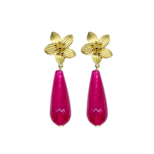 Load image into Gallery viewer, Intricate floral posts with a bright magenta quartz drop_m donohue collection