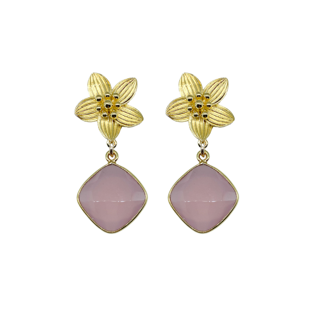 Intricate floral posts with a Pink Chalcedony drop_m donohue collection
