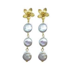 Load image into Gallery viewer, Intricate floral posts with a triple coin pearl drop_m donohue collection