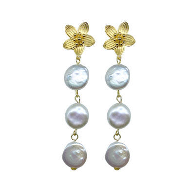 Intricate floral posts with a triple coin pearl drop_m donohue collection